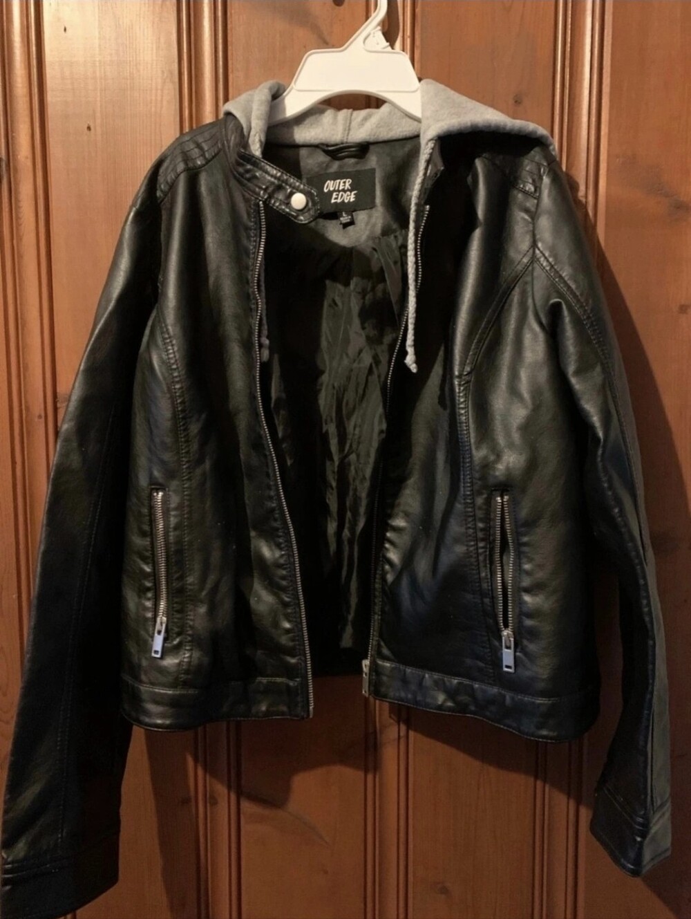 Black Leather Jacket with Gray Hood